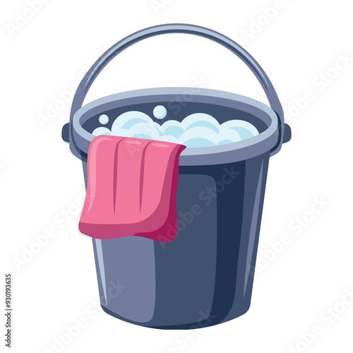 Bucket of soapy water and red washcloth