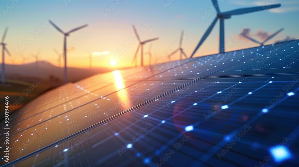 Renewable energy landscape featuring solar panels and wind turbines under a bright blue sky Renewable energy landscape featuring solar panels and wind turbines under a bright blue sky