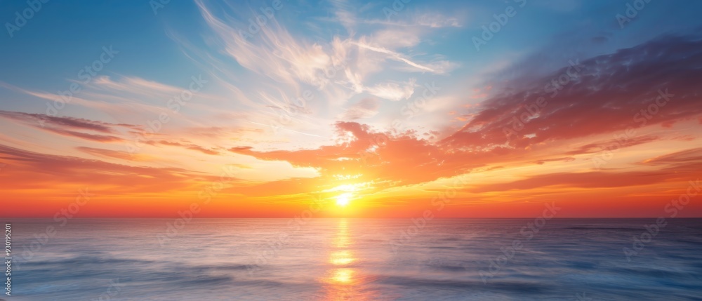 The sun sets over the ocean, clouds tinting pink in the sky; sunlight mirrors on the water's surface The sun sets over the ocean, clouds tinting pink in the sky; sunlight mirrors on the water's surface