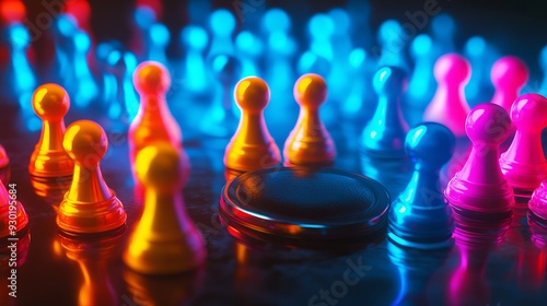 Magnet with Group of Pawn People on Neon Lighting Background, Blue Pink Yellow Colors. Digitally generated image