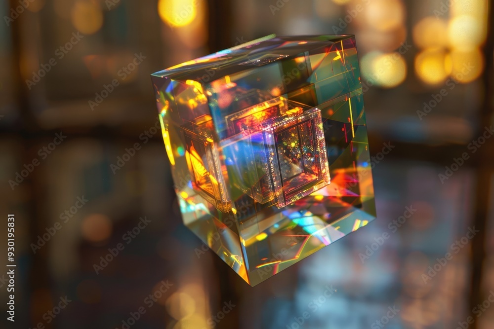 A floating holographic cube with rotating internal shapes, creating a kaleidoscope effect. A floating holographic cube with rotating internal shapes, creating a kaleidoscope effect.
