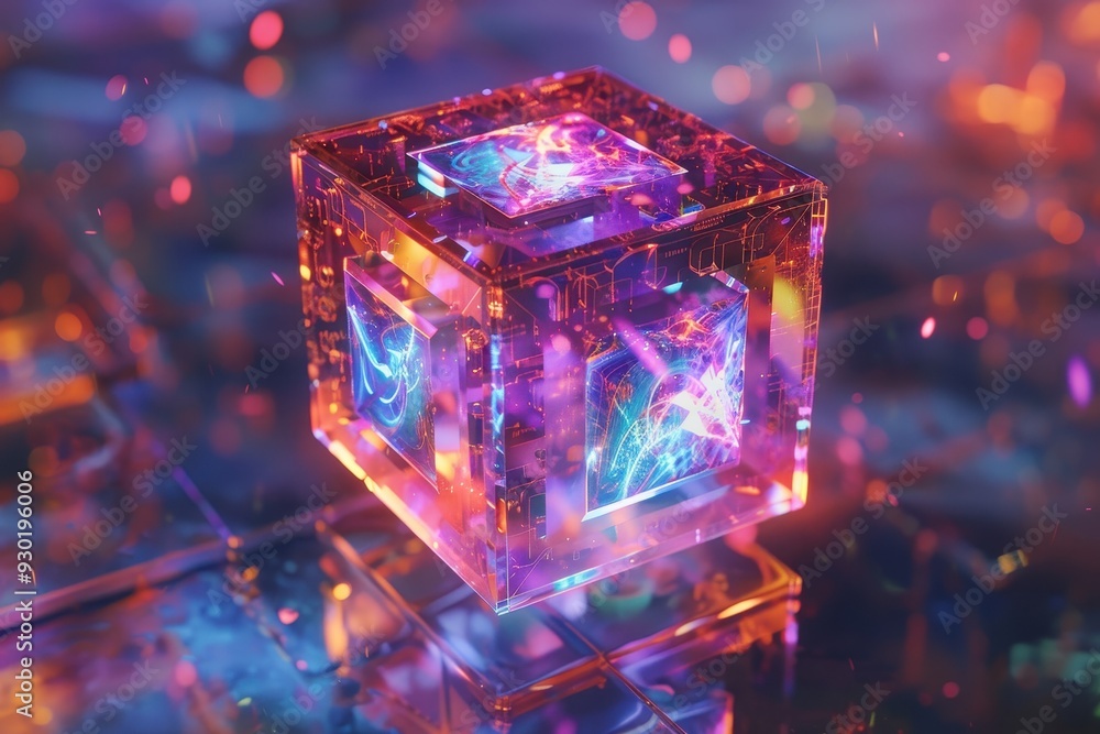 A floating holographic cube with rotating internal shapes, creating a kaleidoscope effect. A floating holographic cube with rotating internal shapes, creating a kaleidoscope effect.