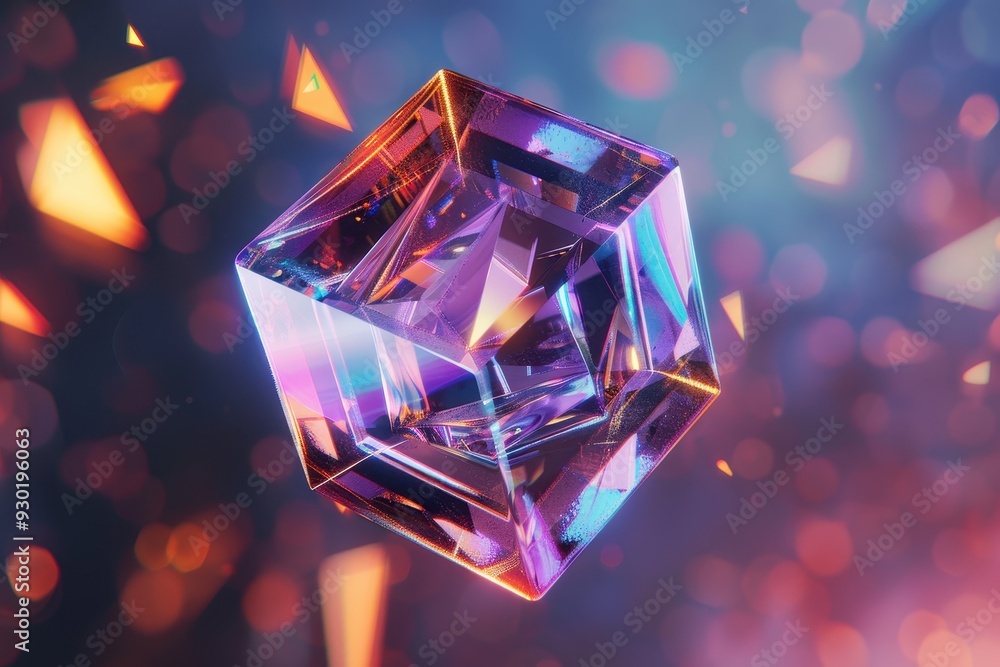 A floating holographic cube with rotating internal shapes, creating a kaleidoscope effect. A floating holographic cube with rotating internal shapes, creating a kaleidoscope effect.