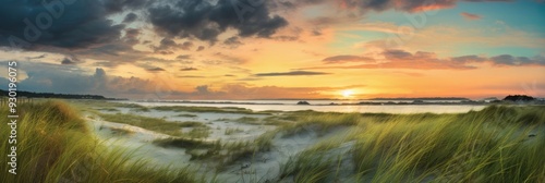 Serene Sunset Dunes Near Saltmarsh in Light Navy and Green