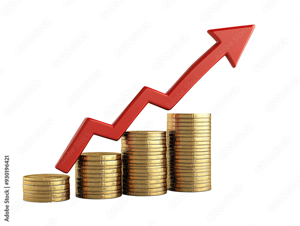 a stack of gold coins with a red arrow pointing up a stack of gold coins with a red arrow pointing up