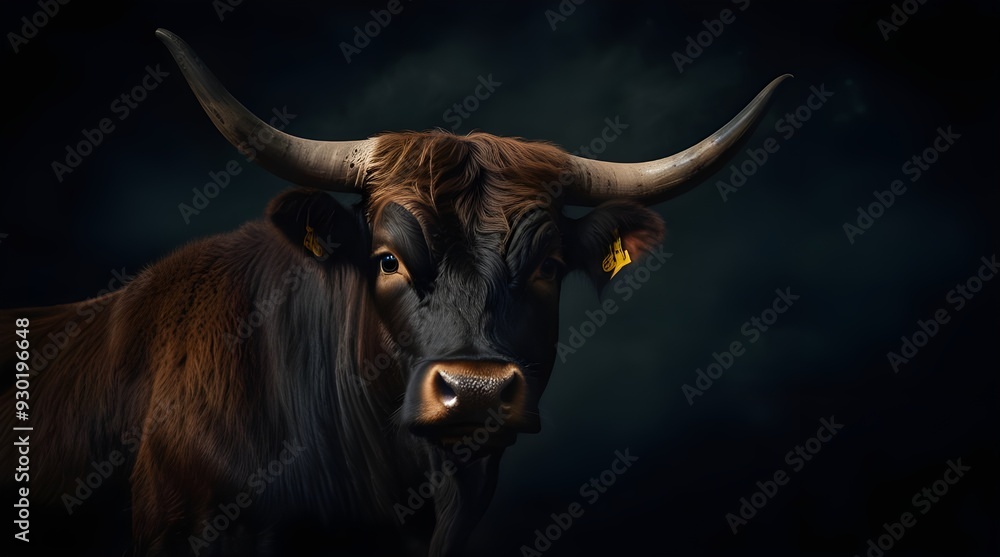 Naklejka premium bull in the dark face with horns.generative.ai