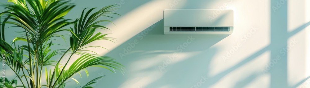 Fototapeta premium Bright indoor space featuring a modern air conditioner and lush greenery, perfect for relaxing and staying cool.