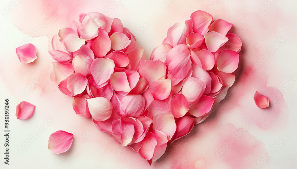 Abstract. A heart made of pink rose petals on a watercolor background, symbolizing tender love and romance.