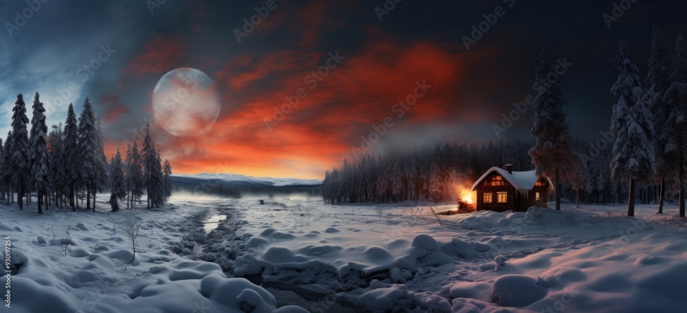 Fototapeta premium Swiss Style Serenity Primitive Structures and Moonlit Winter Forest with Motion Blur