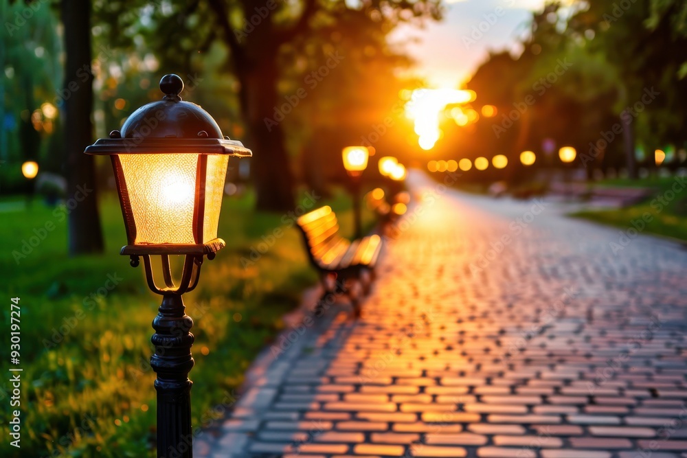 Golden sunset illuminating a tranquil park pathway with vintage lamps and elegant benches Golden sunset illuminating a tranquil park pathway with vintage lamps and elegant benches
