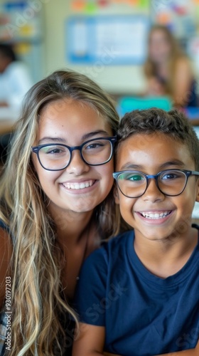 A teacher and her student share a joyful moment while studying together, showcasing collaborative learning in an engaging classroom environment