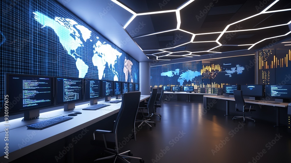 High-tech command center with multiple screens displaying global data and analytics High-tech command center with multiple screens displaying global data and analytics