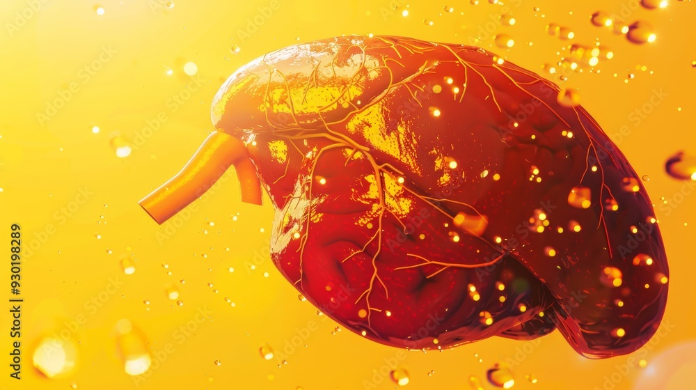 3D rendering of a human liver floating against a yellow background, showcasing intricate details, red tones, and a glowing effect, perfect for medical illustrations or healthcare-related content 3D rendering of a human liver floating against a yellow background, showcasing intricate details, red tones, and a glowing effect, perfect for medical illustrations or healthcare-related content