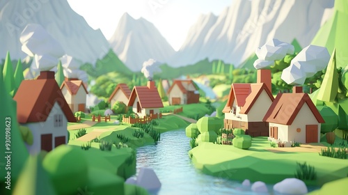 Polygonal village by a river surrounded by mountains on a sunny day