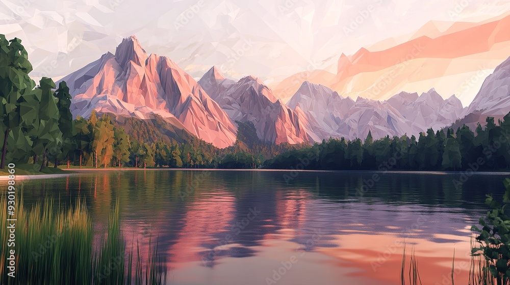 Fototapeta premium Serene sunset over mountain lake surrounded by lush trees and rocky peaks