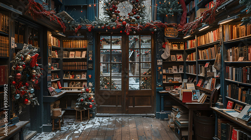 a room with a door and shelves with books and a wreath