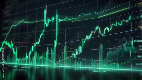 Blurred financial market charts showing green upward trend, bullish stock market, glowing green graph crypto market growth, economics money market chart