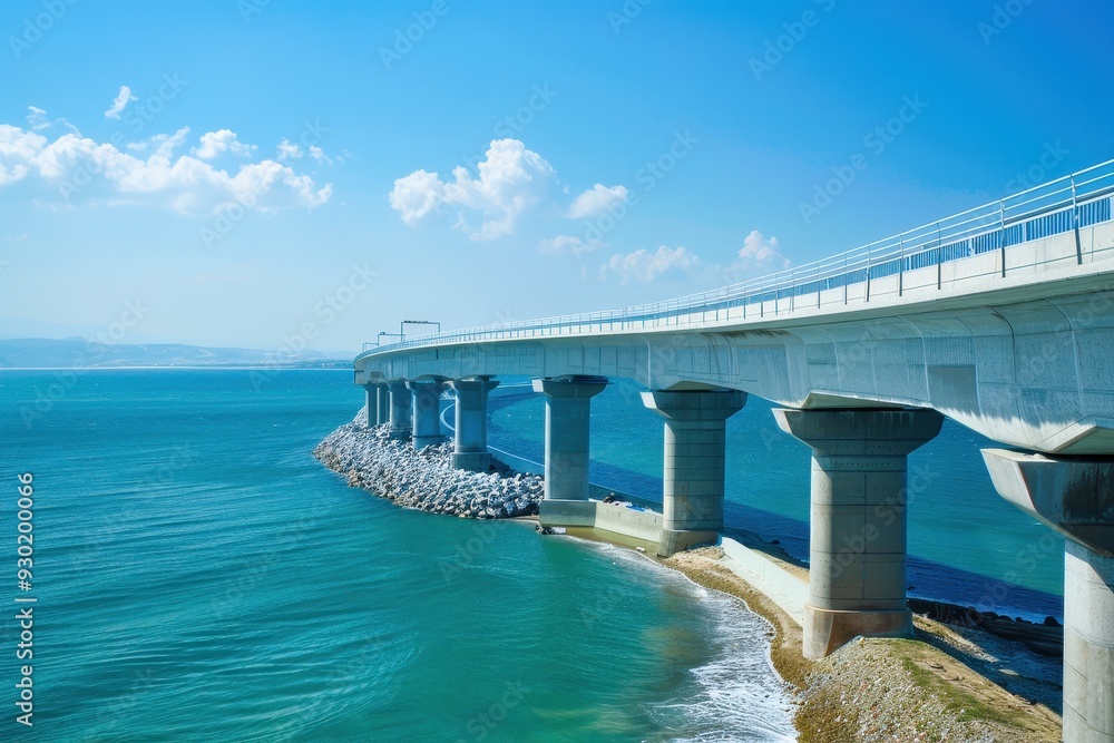 Fototapeta premium A serene drive across a stunning coastal bridge at twilight, reflecting soft hues on calm waters and showcasing serene natural beauty