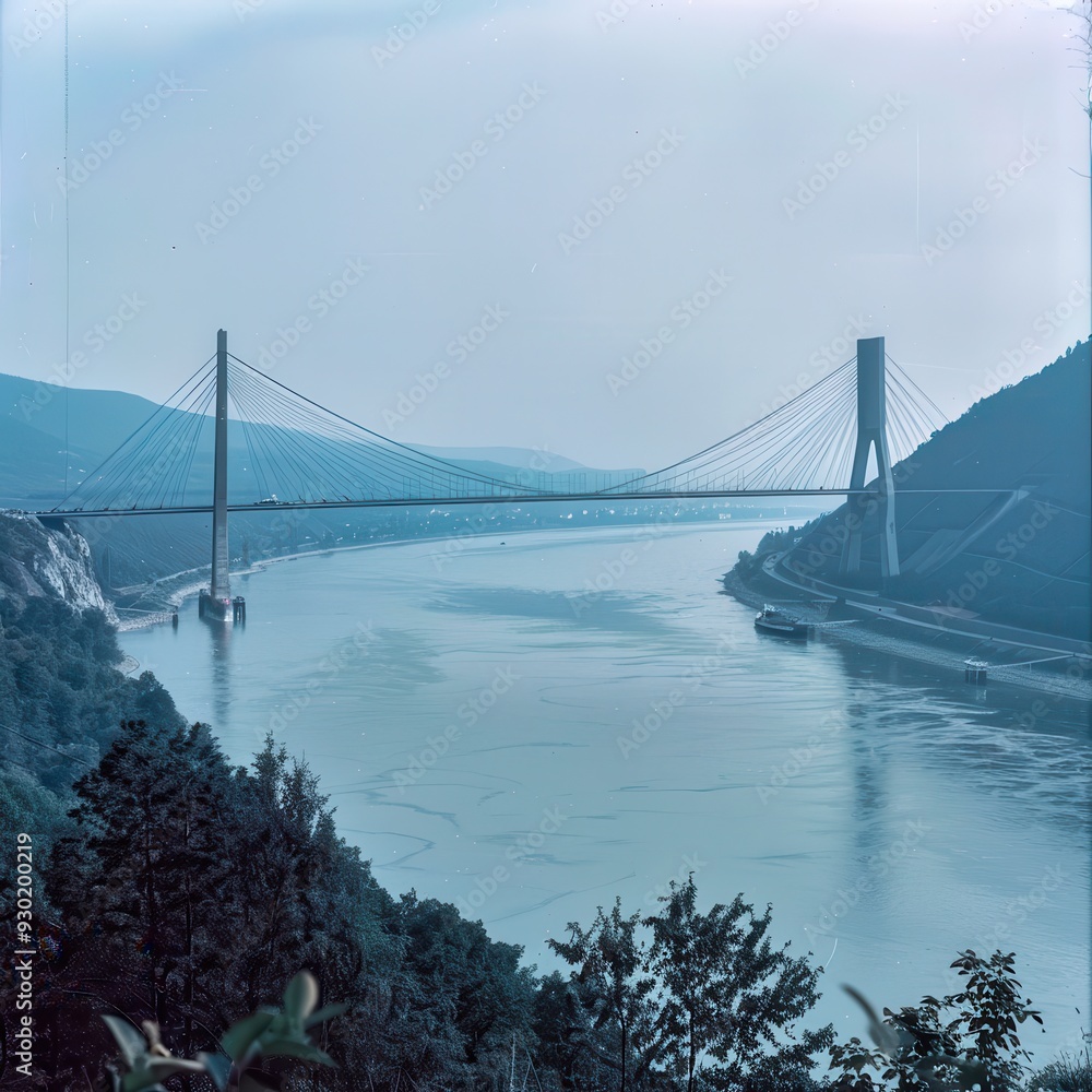 A picturesque view of a cable-stayed bridge spanning a serene river with rolling hills and autumn foliage nearby A picturesque view of a cable-stayed bridge spanning a serene river with rolling hills and autumn foliage nearby