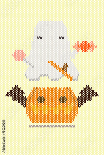 Ikat abstract geometric cute cartoon character design ghost, pumpkin, bat wings, candy, Halloween style perfect element for fabric, cards, background, wallpaper, sweater, knitting, cross stitch 