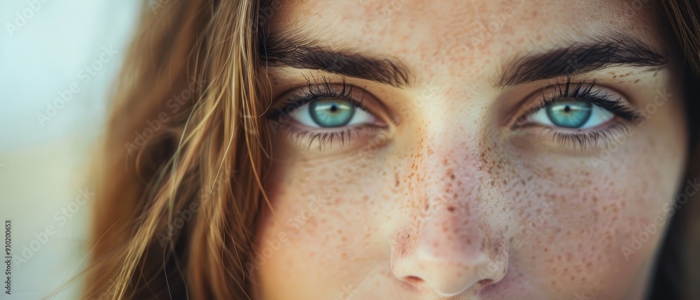 Fototapeta premium A tight shot of a woman's face adorned with freckles, some on her cheeks and others around her eyes