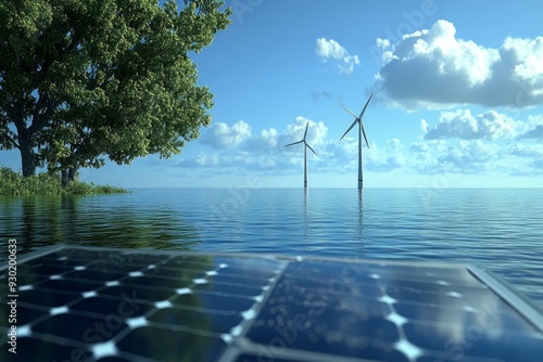 Sustainable energy landscape with wind turbines and solar panels under a bright blue sky showcasing the integration of renewable energy sources in modern ecosystems