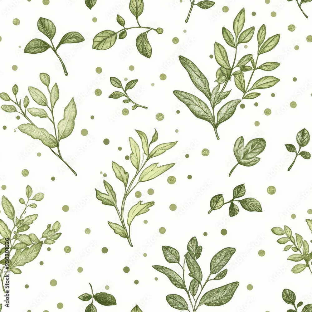 Seamless Botanical Pattern with Hand-drawn Greenery and Polka Dots Seamless Botanical Pattern with Hand-drawn Greenery and Polka Dots