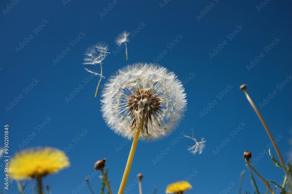 Fototapeta premium Dandelion seeds drifting in the wind against blue sky
