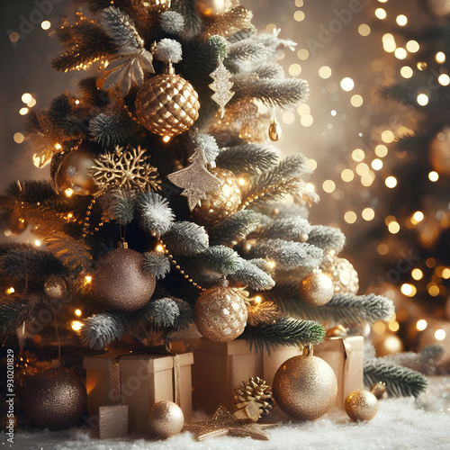 Christmas Tree Decorated with Golden Balls and Fabulous Fairy Background photo