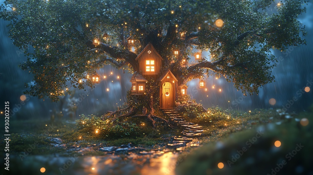 A magical tree dwelling surrounded by enchanting lights, evoking a sense of wonder and tranquility in a serene forest setting. A magical tree dwelling surrounded by enchanting lights, evoking a sense of wonder and tranquility in a serene forest setting.