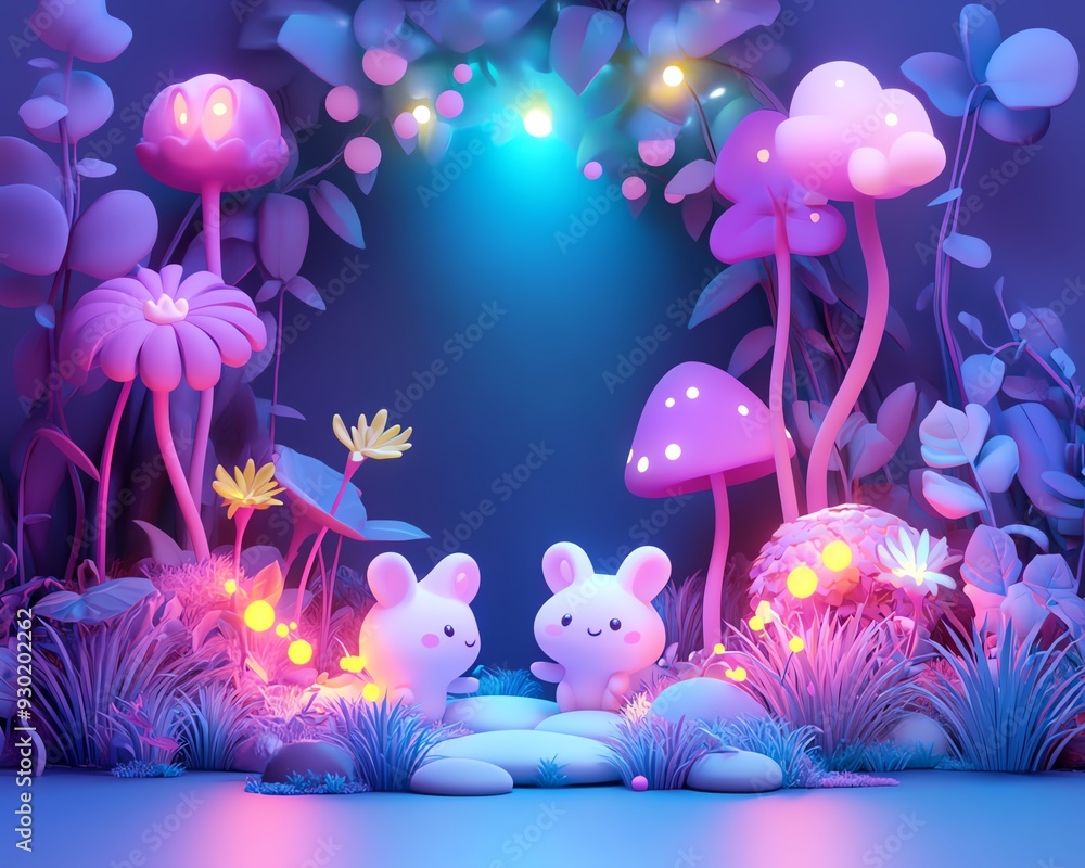 A whimsical scene featuring cute rabbits surrounded by colorful mushrooms and glowing flowers in a magical forest. A whimsical scene featuring cute rabbits surrounded by colorful mushrooms and glowing flowers in a magical forest.