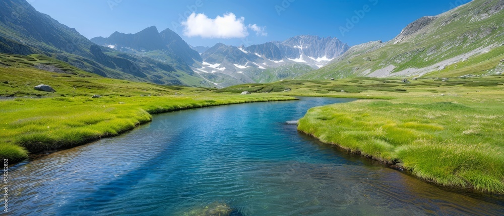 A river winds through a verdant valley, surrounded by a hillside boasting snow-capped mountain peaks A river winds through a verdant valley, surrounded by a hillside boasting snow-capped mountain peaks