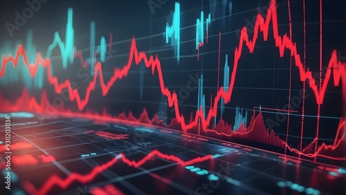 Blurred financial market charts showing red downward trend, bearish stock market, glowing red graph crypto market crash, economics money market chart photo