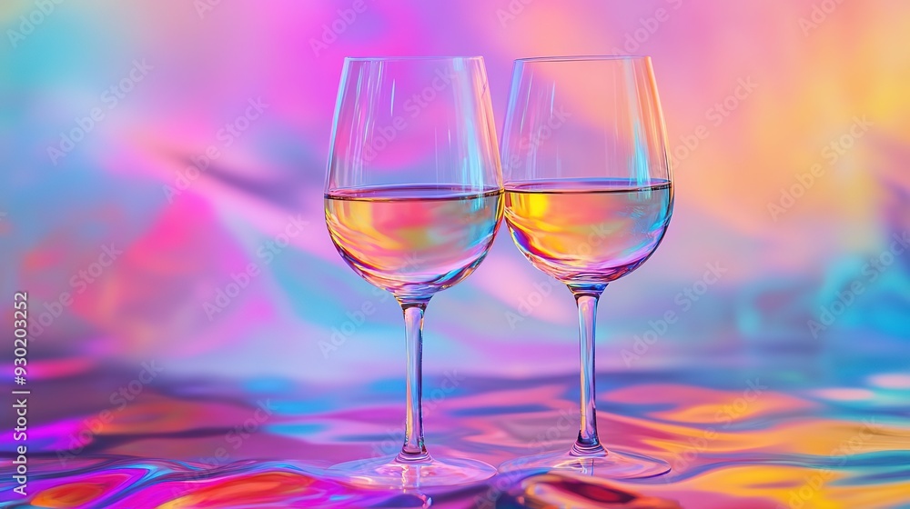 Elegant Wine Glasses on a Colorful Abstract Table with Rainbow Waves and Blurred Reflections. Vibrant Atmosphere and Artful Ambiance. Elegant Wine Glasses on a Colorful Abstract Table with Rainbow Waves and Blurred Reflections. Vibrant Atmosphere and Artful Ambiance.