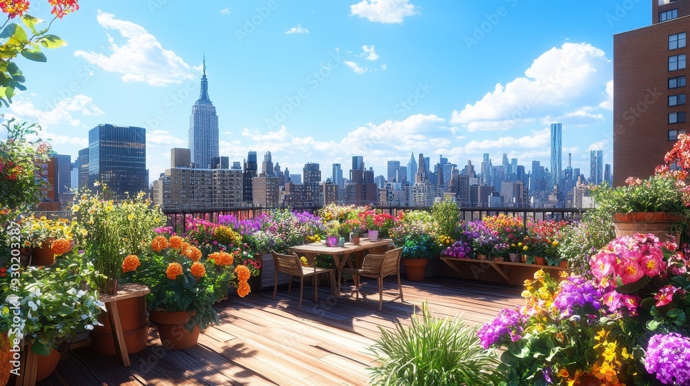 Fototapeta premium A vibrant rooftop garden with flowers and a view of a city skyline.