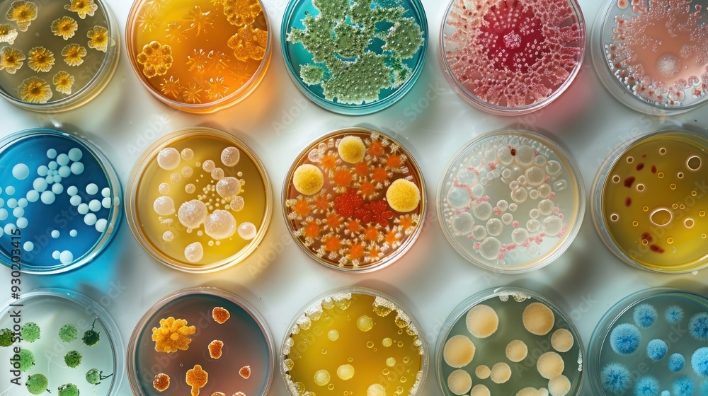 Petri dishes with various microbial growth patterns (selective focus, microbiology diversity, surreal, Composite, Lab workspace)