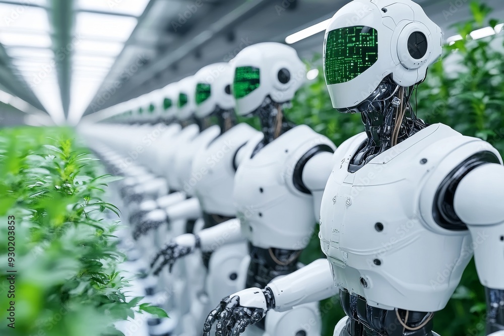 Humanoid robots working in a high tech greenhouse representing the future of agriculture through AI and automation for efficient and sustainable food production Humanoid robots working in a high tech greenhouse representing the future of agriculture through AI and automation for efficient and sustainable food production