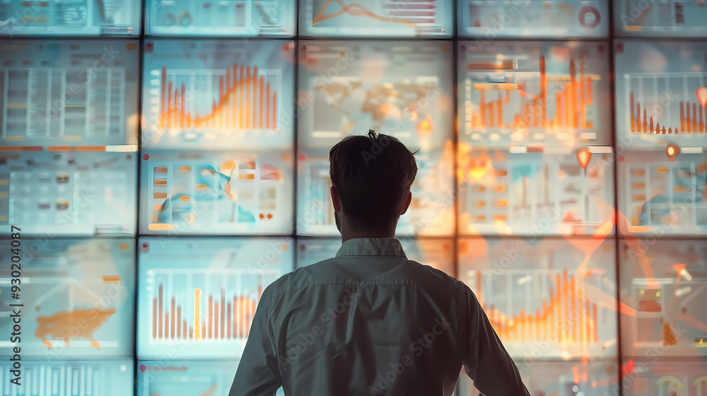 Business plan illustration. Man with data board and infographics Business plan illustration. Man with data board and infographics