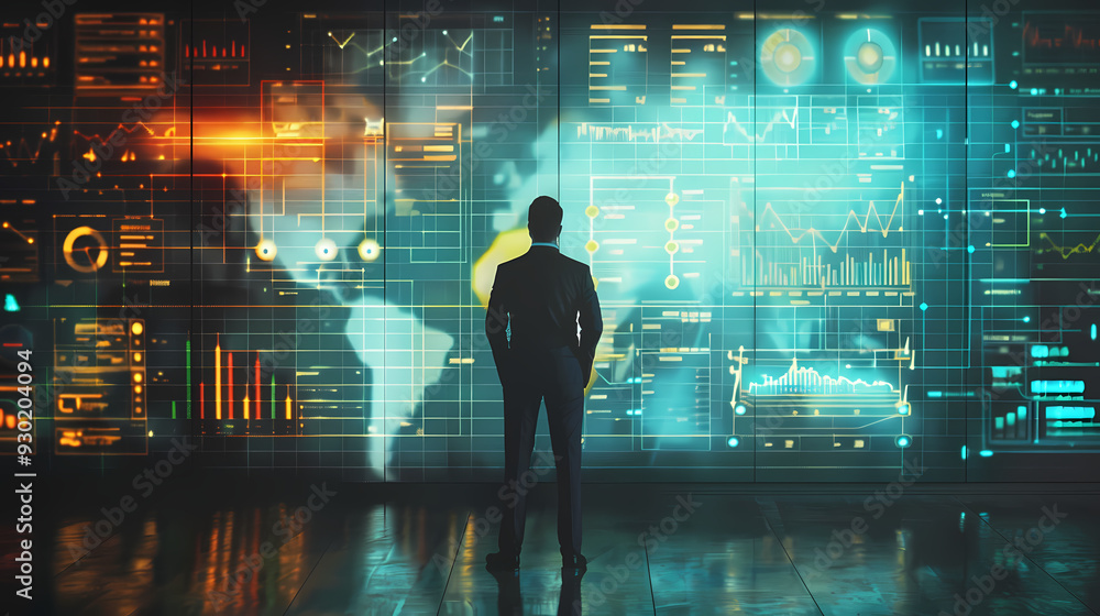 Business plan illustration. Man with data board and infographics Business plan illustration. Man with data board and infographics