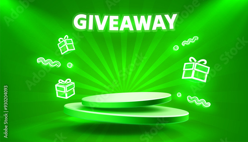 Giveaway neon podium, shop mega discount, special promo frame. Vector illustration