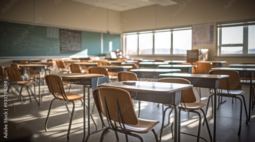 Empty Classroom with Sunlight Streaming Through Windows Empty Classroom with Sunlight Streaming Through Windows