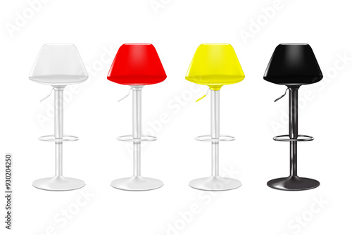 Bar stool with back isolated on white background. White, black, red, yellow color. Easy editable. Realistic 3d vector mockup. Swivel high bar chair. Mock-up set
