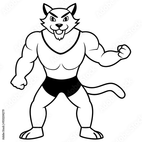 A ferocious cat athlete posing line art vector illustration