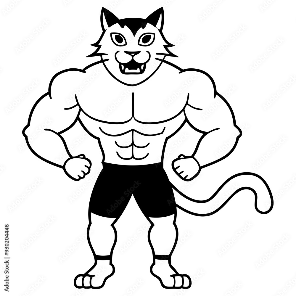 Obraz premium A ferocious cat athlete posing line art vector illustration