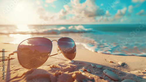 Wallpaper Mural Close view of  sunglasses on the sand beach. Torontodigital.ca