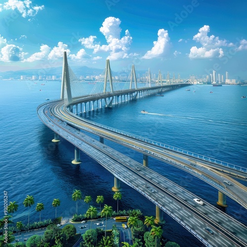 A stunning modern bridge spans the shimmering bay, connecting vibrant urban landscapes beneath a blue sky filled with fluffy clouds photo