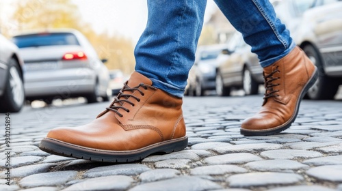 An adult man walks down a cobblestone path, wearing blue jeans and brown leather boots, surrounded by parked cars and autumn foliage