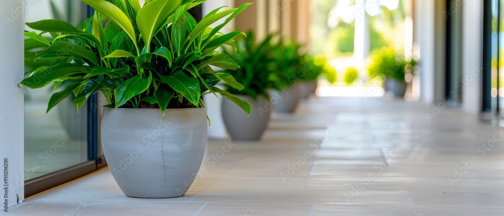  A row of potted plants sits atop a white tiled floor, adjacent to a glass door in the building