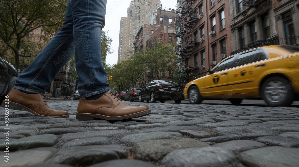 An adult man walks down a cobblestone path, wearing blue jeans and brown leather boots, surrounded by parked cars and autumn foliage An adult man walks down a cobblestone path, wearing blue jeans and brown leather boots, surrounded by parked cars and autumn foliage