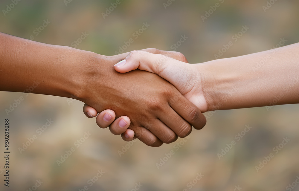 Close-up of a handshake between two people with different skin tones Close-up of a handshake between two people with different skin tones